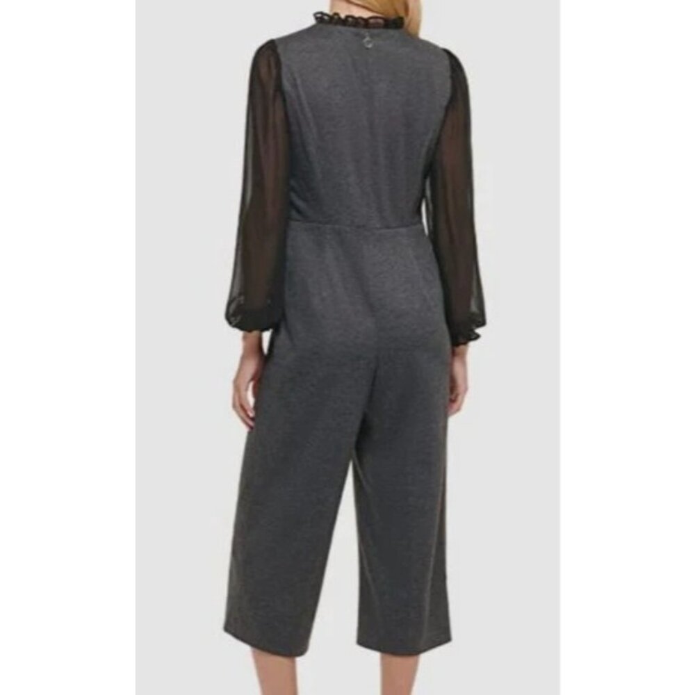 Tommy Hilfiger Women's Gray Herringbone Self Tie Neck Cropped Jumpsuit Size 8 - Picture 2 of 13